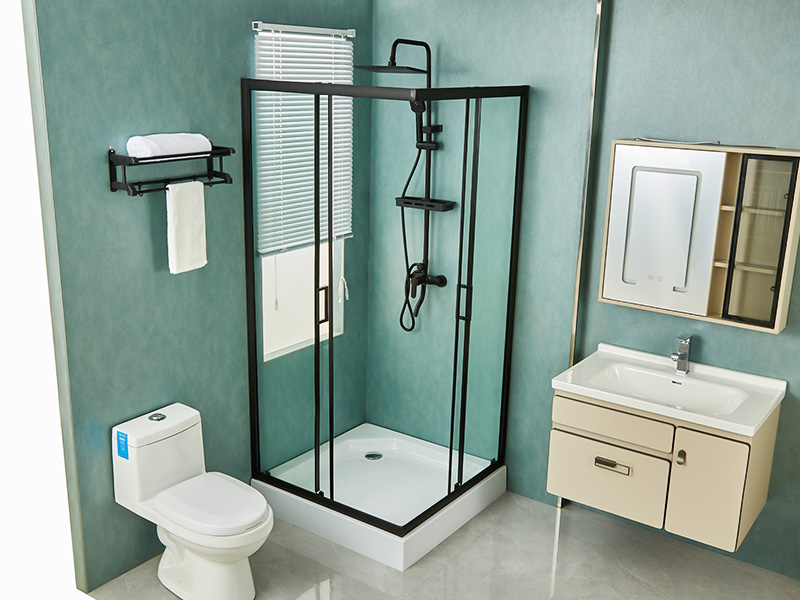 Imfhálú Cith Sleamhnáin SQ, Gloine Tempered Clear, Próifíl Alúmanam Dubh, Láimhseáil Poill Dúbailte, Le Tráidire Imfhálú Cith Sleamhnáin SQ, Gloine Tempered Clear, Próifíl Alúmanam Dubh, Láimhseáil Poill Dúbailte, Le Tráidire