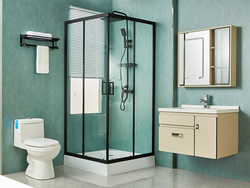 Imfhálú Cith Sleamhnáin SQ, Gloine Tempered Clear, Próifíl Alúmanam Dubh, Láimhseáil Poill Dúbailte, Le Tráidire Imfhálú Cith Sleamhnáin SQ, Gloine Tempered Clear, Próifíl Alúmanam Dubh, Láimhseáil Poill Dúbailte, Le Tráidire