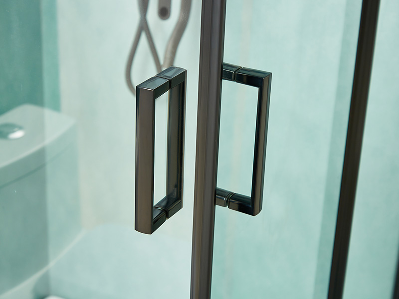 Imfhálú Cith Sleamhnáin SQ, Gloine Tempered Clear, Próifíl Alúmanam Dubh, Láimhseáil Poill Dúbailte, Le Tráidire Imfhálú Cith Sleamhnáin SQ, Gloine Tempered Clear, Próifíl Alúmanam Dubh, Láimhseáil Poill Dúbailte, Le Tráidire