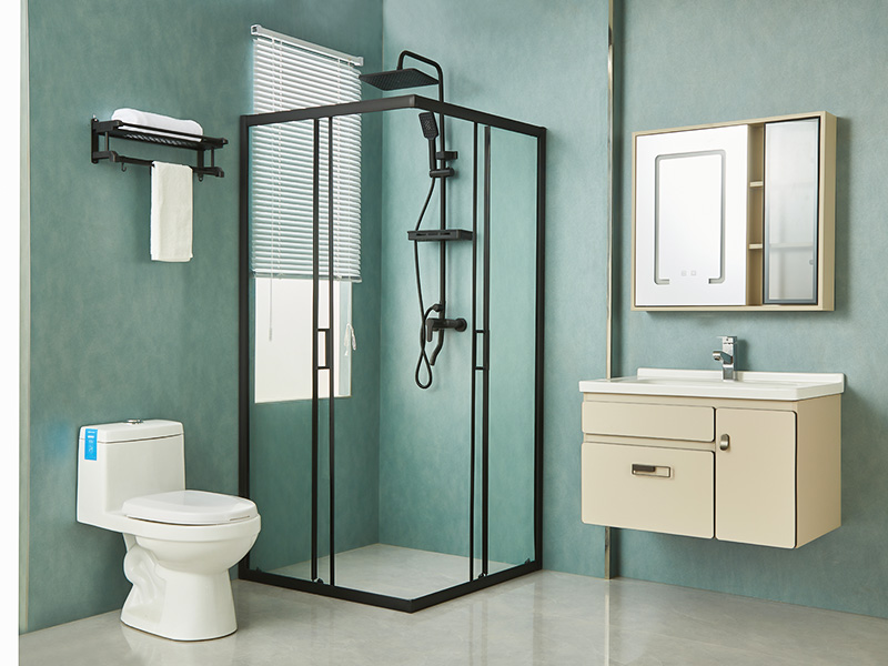 Imfhálú Cith Sleamhnáin SQ, Gloine Tempered Clear, Próifíl Alúmanam Dubh, Láimhseáil Poill Dúbailte, Le Tráidire Imfhálú Cith Sleamhnáin SQ, Gloine Tempered Clear, Próifíl Alúmanam Dubh, Láimhseáil Poill Dúbailte, Le Tráidire