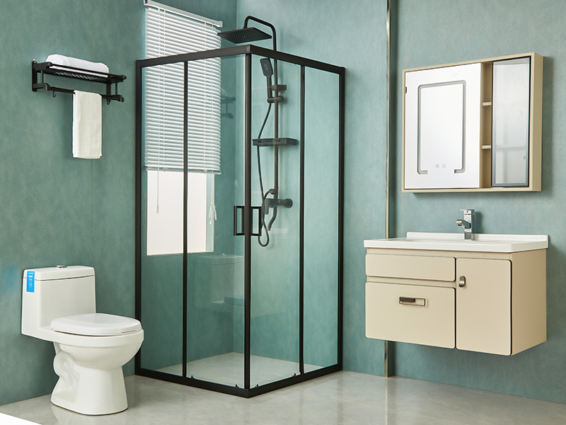 Imfhálú Cith Sleamhnáin SQ, Gloine Tempered Clear, Próifíl Alúmanam Dubh, Láimhseáil Poill Dúbailte, Le Tráidire Imfhálú Cith Sleamhnáin SQ, Gloine Tempered Clear, Próifíl Alúmanam Dubh, Láimhseáil Poill Dúbailte, Le Tráidire