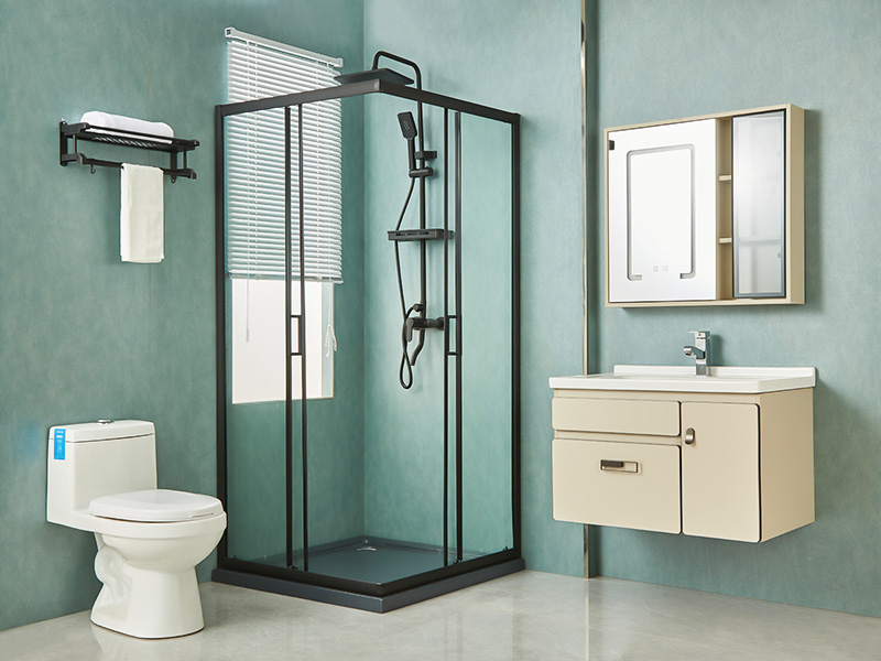 Imfhálú Cith Sleamhnáin SQ, Gloine Tempered Clear, Próifíl Alúmanam Dubh, Láimhseáil Poill Dúbailte, Le Tráidire Imfhálú Cith Sleamhnáin SQ, Gloine Tempered Clear, Próifíl Alúmanam Dubh, Láimhseáil Poill Dúbailte, Le Tráidire