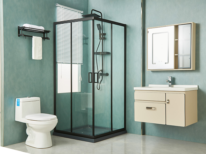 Imfhálú Cith Sleamhnáin SQ, Gloine Tempered Clear, Próifíl Alúmanam Dubh, Láimhseáil Poill Dúbailte, Le Tráidire Imfhálú Cith Sleamhnáin SQ, Gloine Tempered Clear, Próifíl Alúmanam Dubh, Láimhseáil Poill Dúbailte, Le Tráidire