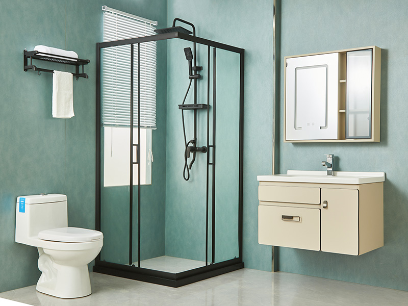 Imfhálú Cith Sleamhnáin SQ, Gloine Tempered Clear, Próifíl Alúmanam Dubh, Láimhseáil Poill Dúbailte, Le Tráidire Imfhálú Cith Sleamhnáin SQ, Gloine Tempered Clear, Próifíl Alúmanam Dubh, Láimhseáil Poill Dúbailte, Le Tráidire