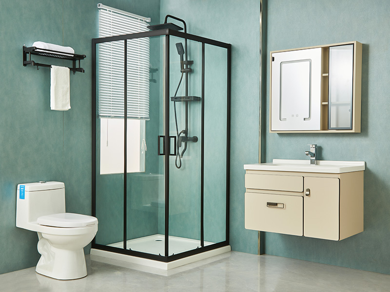 Imfhálú Cith Sleamhnáin SQ, Gloine Tempered Clear, Próifíl Alúmanam Dubh, Láimhseáil Poill Dúbailte, Le Tráidire Imfhálú Cith Sleamhnáin SQ, Gloine Tempered Clear, Próifíl Alúmanam Dubh, Láimhseáil Poill Dúbailte, Le Tráidire