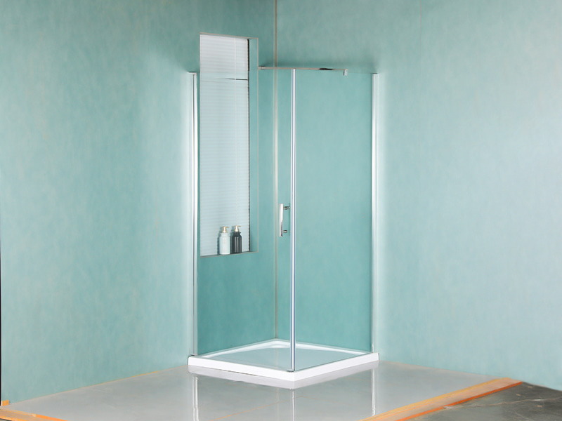 Imfhálú Cith Pivot RSQA, Gloine Tempered Clear, Próifíl Alúmanam Chrome, Láimhseáil Poill Dúbailte, Le Tráidire
